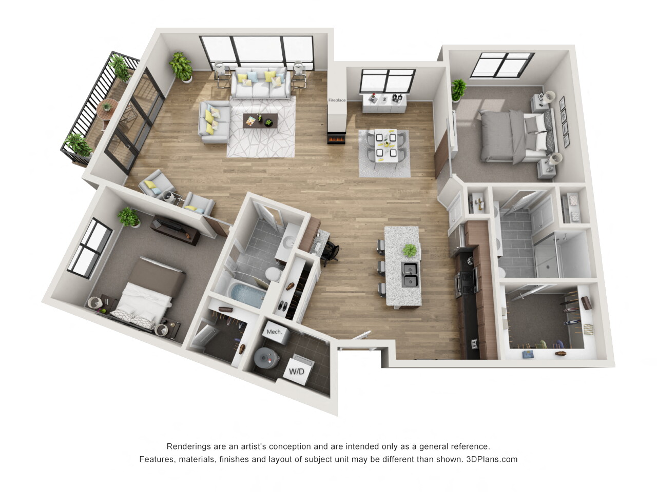 Floor plan for 2 beds, 2 baths, 1605 sqft